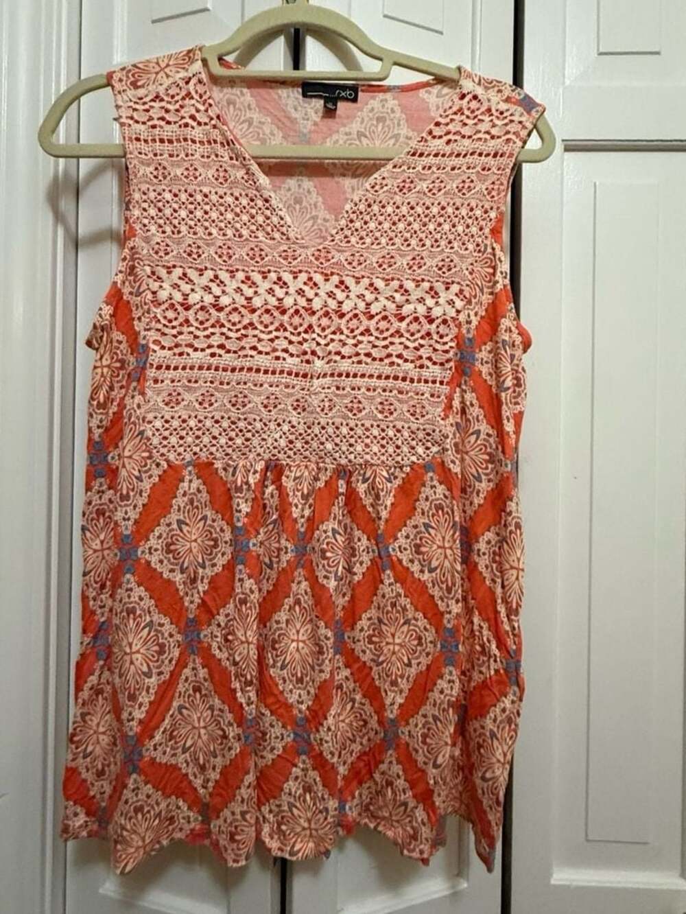 Rxb Orange Geometric Print V-Neck Sleeveless Crochet Lace Tank Top XL
